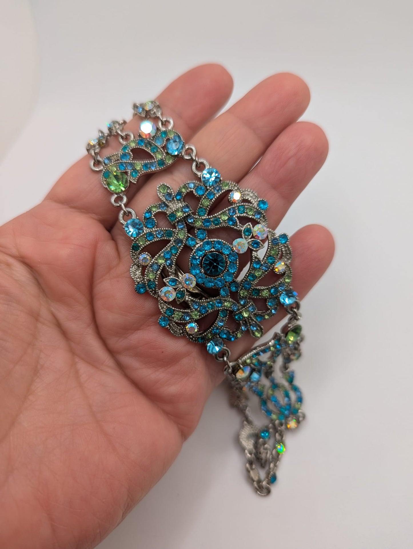 VCLM Victorian Antique Style Filigree Necklace Choker Silver Tone Blue Rhinestones