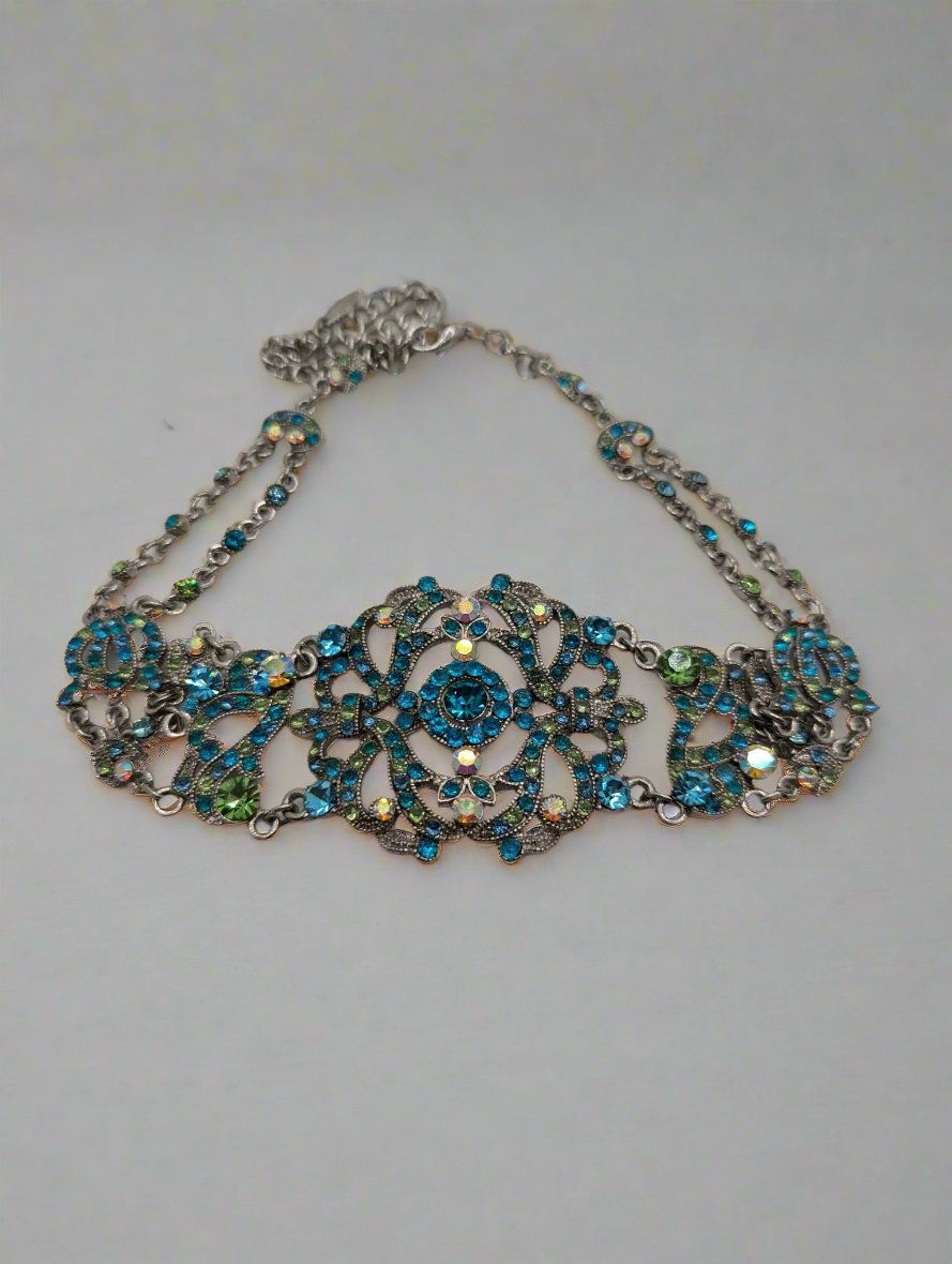 VCLM Victorian Antique Style Filigree Necklace Choker Silver Tone Blue Rhinestones