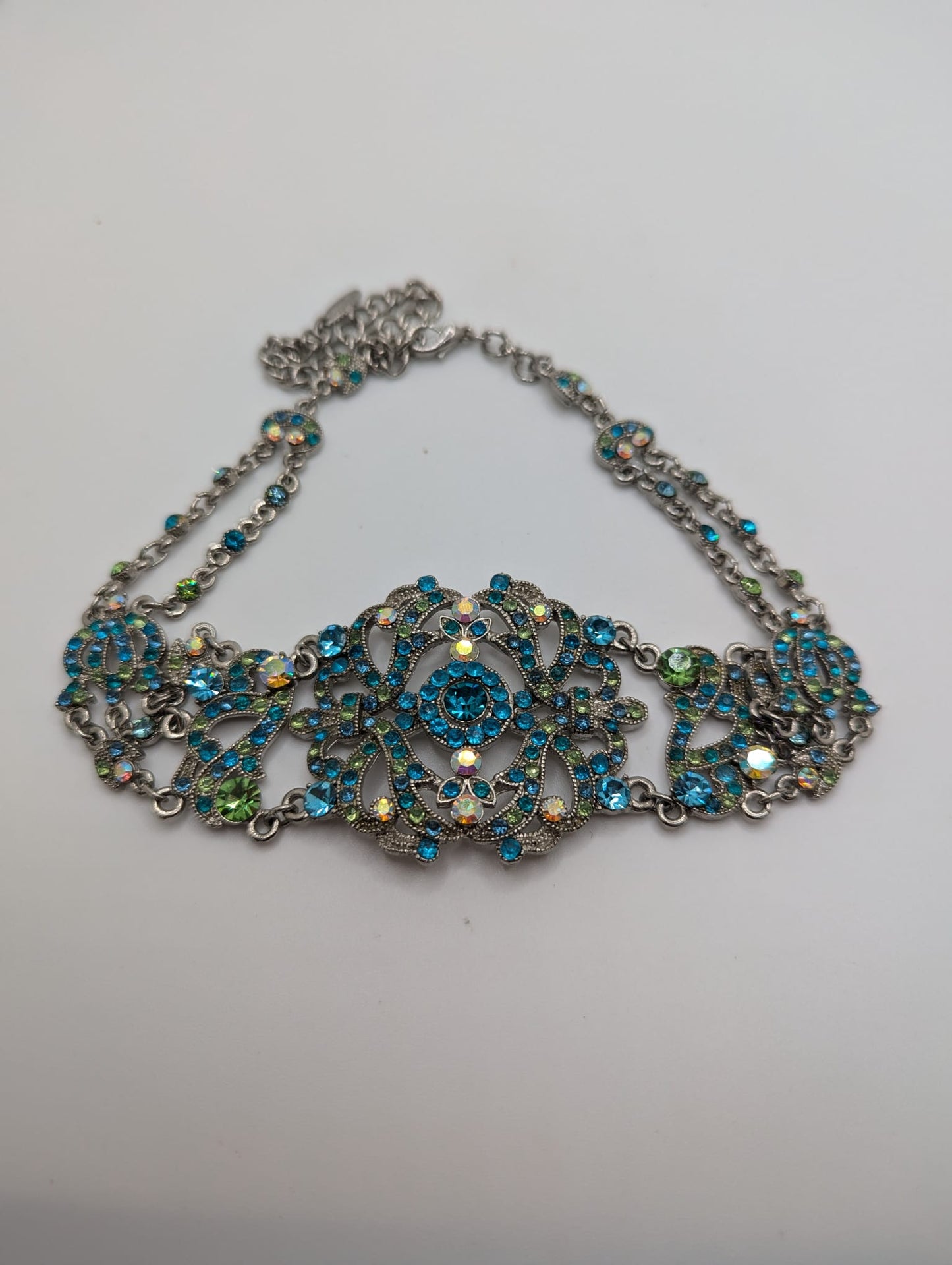 VCLM Victorian Antique Style Filigree Necklace Choker Silver Tone Blue Rhinestones