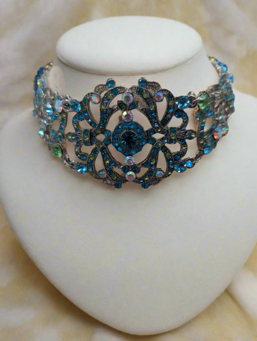 VCLM Victorian Antique Style Filigree Necklace Choker Silver Tone Blue Rhinestones
