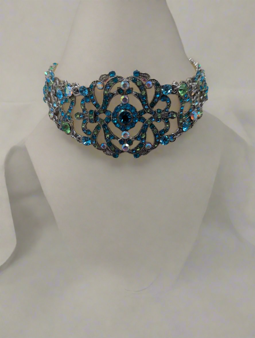 VCLM Victorian Antique Style Filigree Necklace Choker Silver Tone Blue Rhinestones