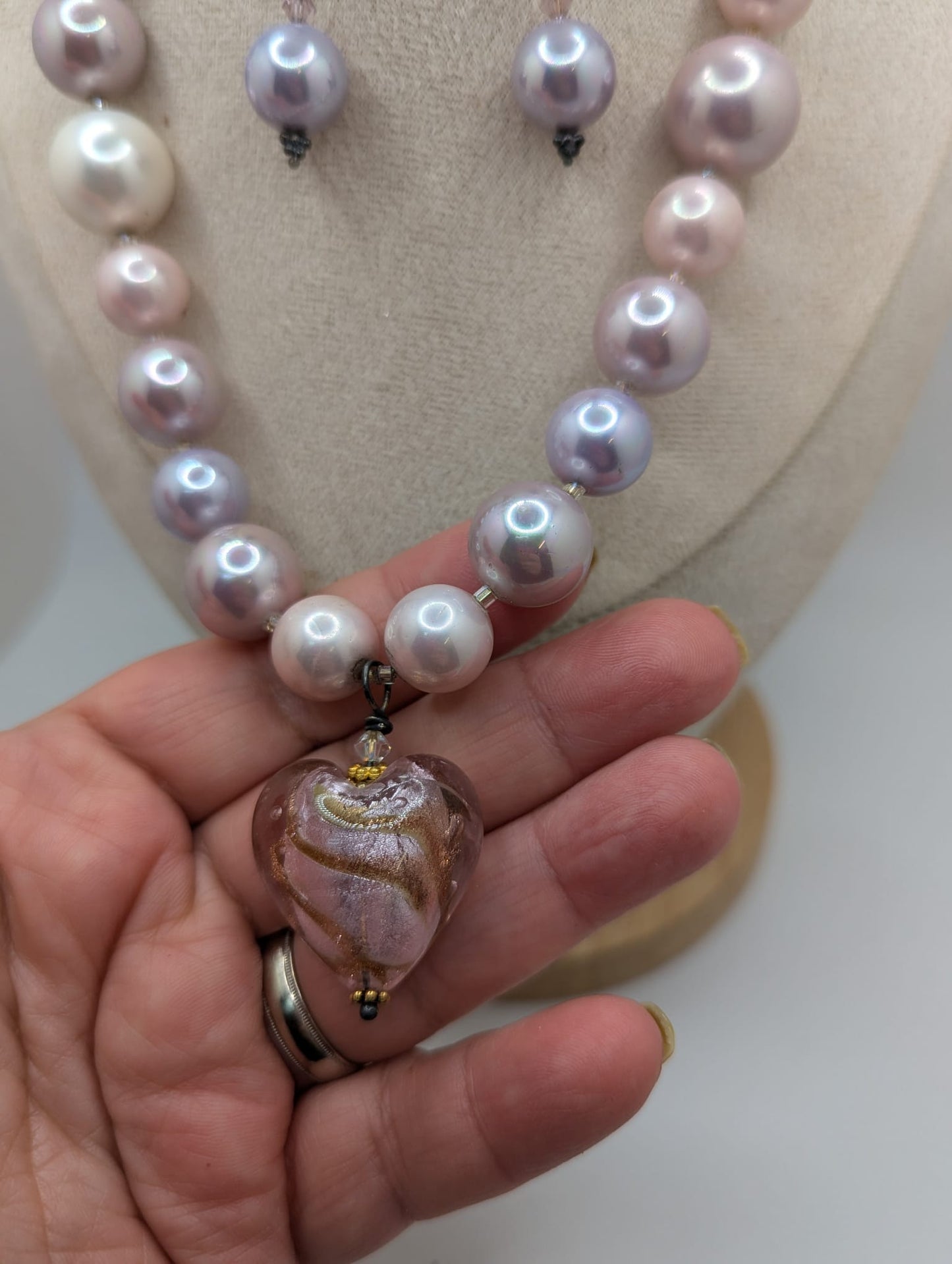 Murano Heart Pendant & Faux Pearl Jewelry Set Necklace & Earrings