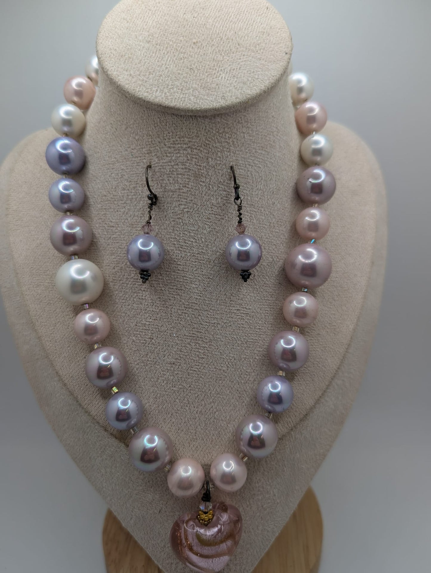 Murano Heart Pendant & Faux Pearl Jewelry Set Necklace & Earrings