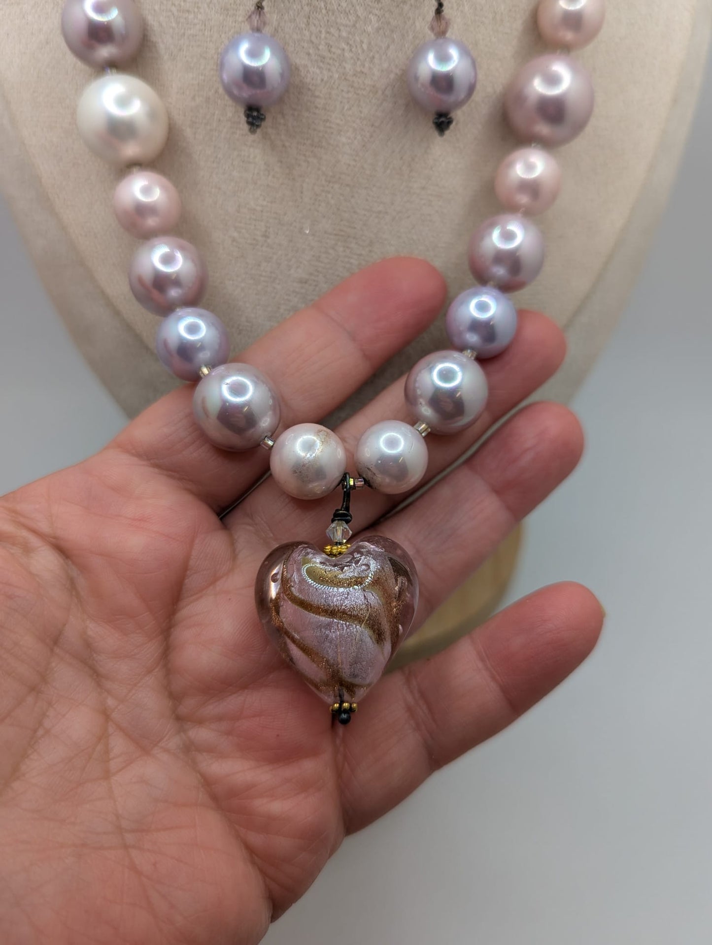 Murano Heart Pendant & Faux Pearl Jewelry Set Necklace & Earrings