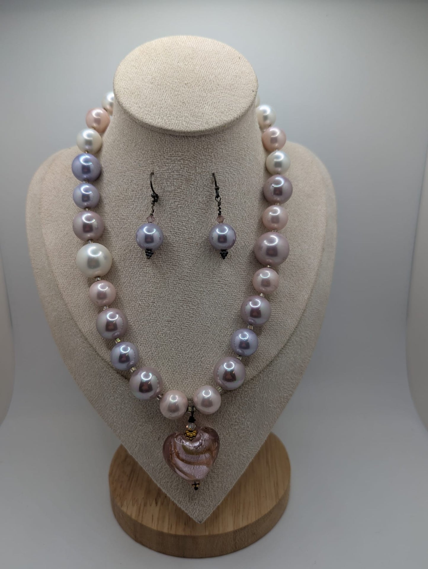 Murano Heart Pendant & Faux Pearl Jewelry Set Necklace & Earrings