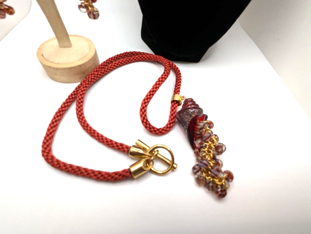 Art Glass Red Seashell Nautilus Necklace & Earrings Red Rope Cord