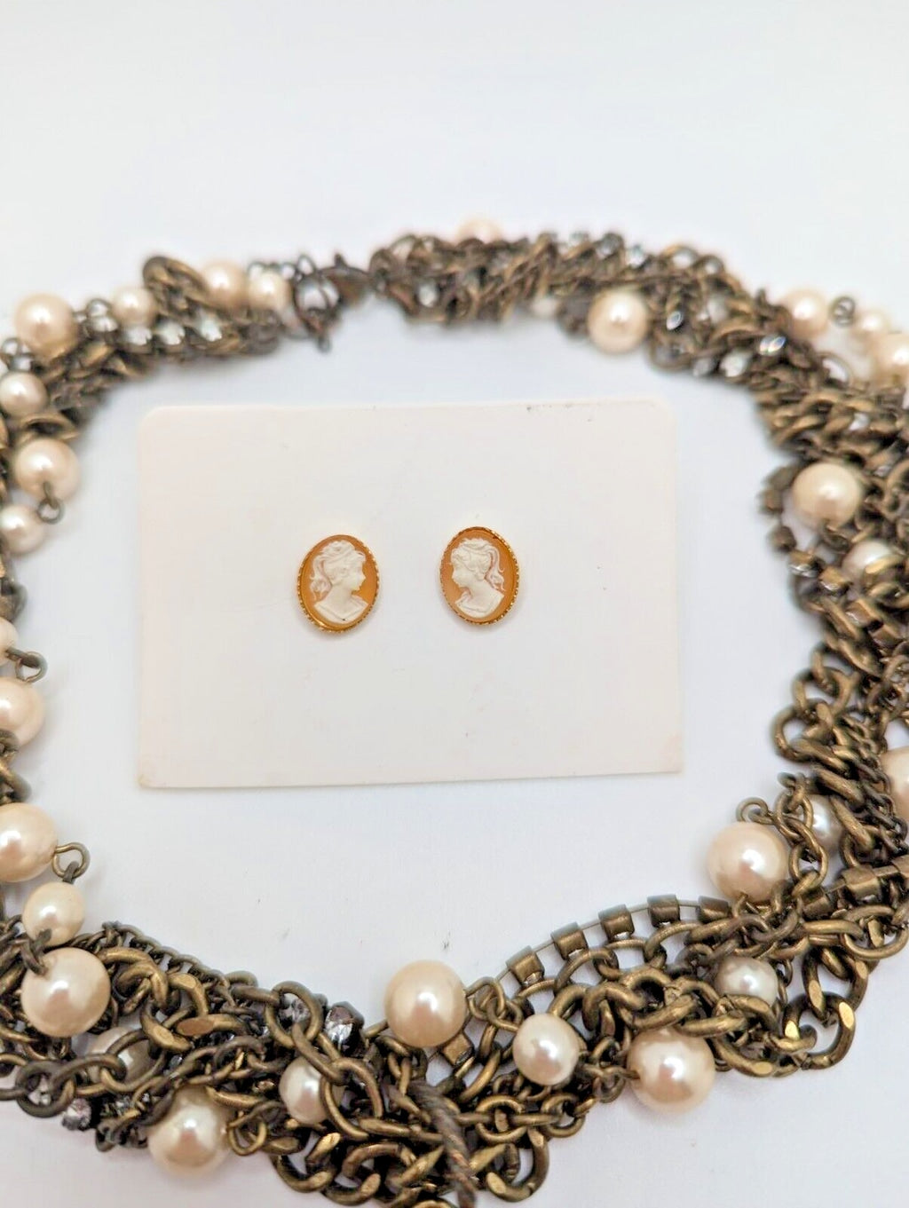 VTG Pink Cameo Pendant Beaded Steampunk Necklace Earrings Rhinestone Faux Pearl