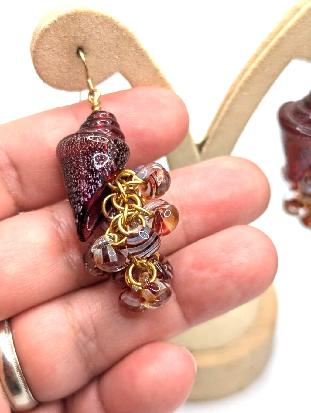 Art Glass Red Seashell Nautilus Necklace & Earrings Red Rope Cord