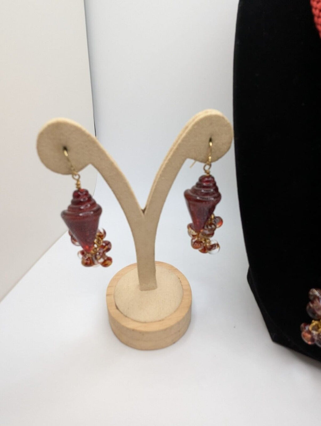 Art Glass Red Seashell Nautilus Necklace & Earrings Red Rope Cord