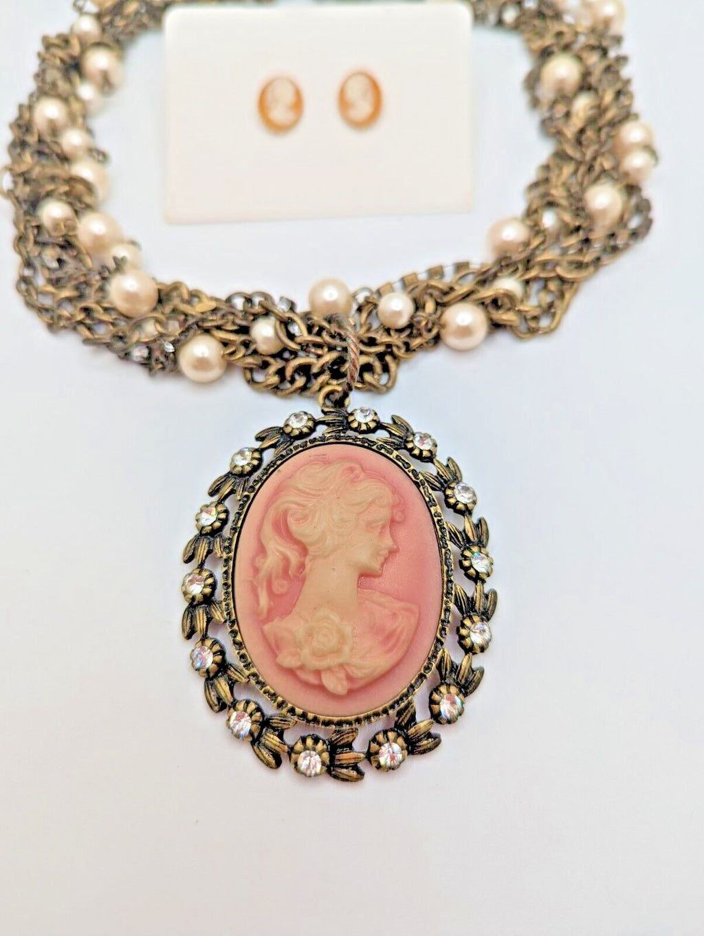 VTG Pink Cameo Pendant Beaded Steampunk Necklace Earrings Rhinestone Faux Pearl