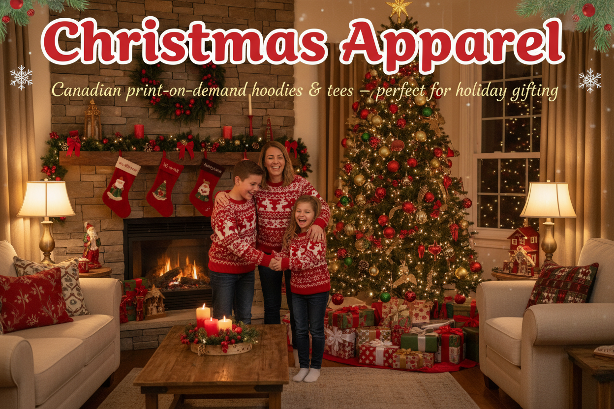 it is a Banner with family wearing christmas sweatshirt in a christmas decorated cozy living room with a Christmas Tree with gift boxes. Include title: Christmas Apparel. Subtitule: Canadian print-on-demand hoodies & tees – perfect for holiday gifting