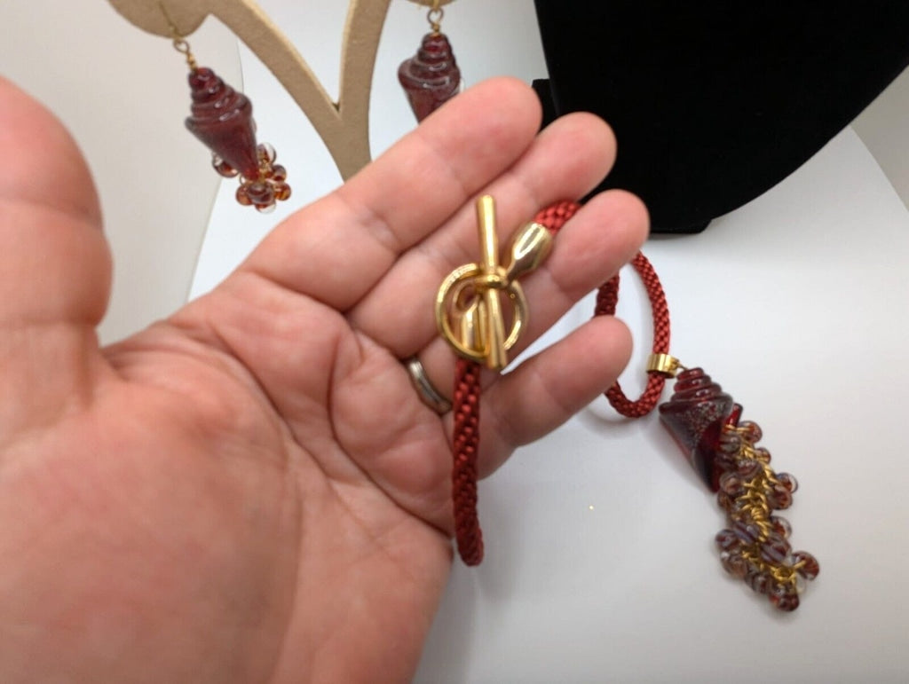 Art Glass Red Seashell Nautilus Necklace & Earrings Red Rope Cord