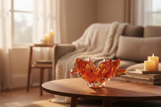 Vintage Murano glass Sunburst Flame Bowl Hand Blown Art orange Amberina