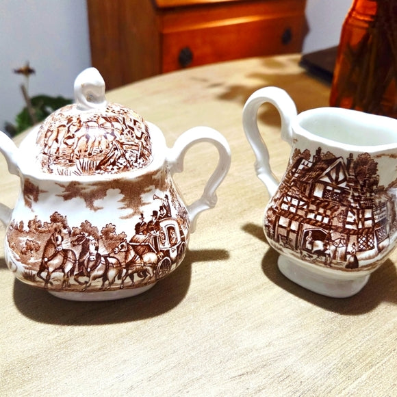 Vintage Alfred Meakin Staffordshire England Coaching Days Sahne- und Zucker-Set – 1960er Jahre