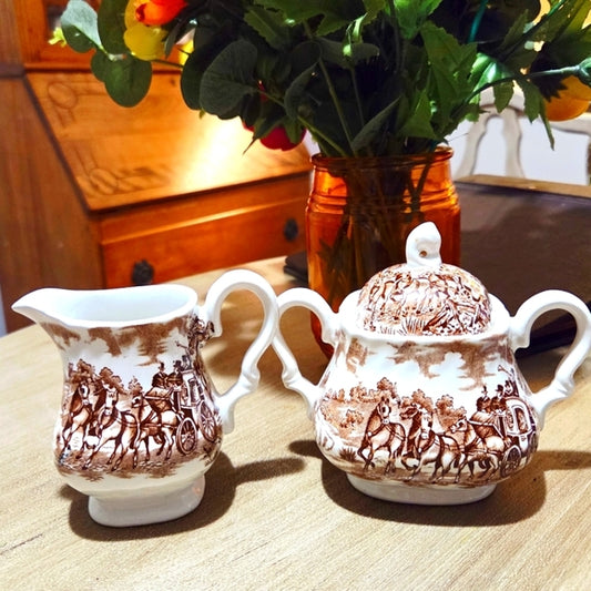 Vintage Alfred Meakin Staffordshire England Coaching Days Cream & Sugar - 1960's