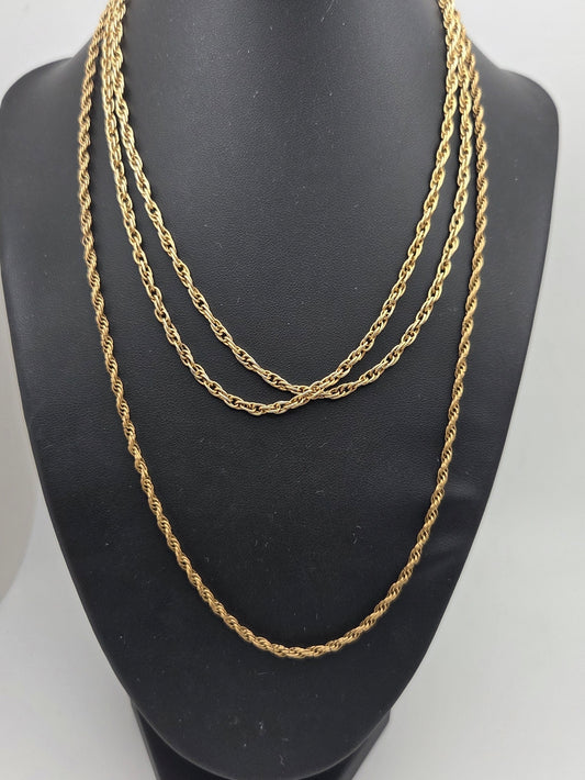 Classic Gold Tone Triple Strand Rope Twist Chain Necklace