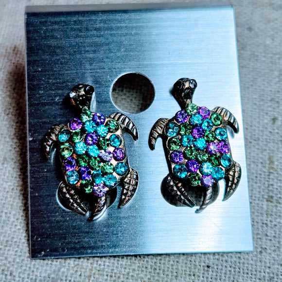 Green and Purple Iridescent Rhinestones Turtle Earrings
