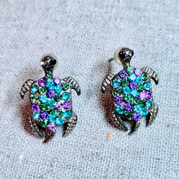 Green and Purple Iridescent Rhinestones Turtle Earrings