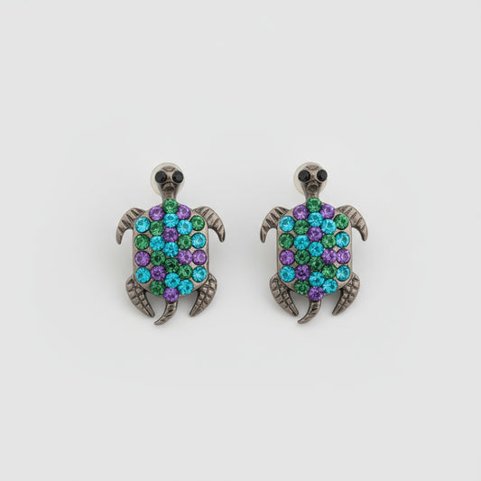 Green and Purple Iridescent Rhinestones Turtle Earrings