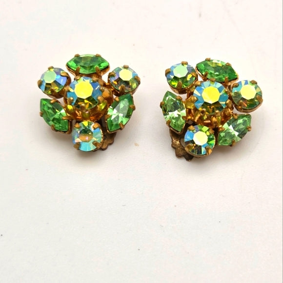 Vintage Austria 50's Aurora Borealis Rhinestone Clip On Earrings