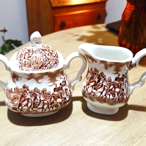 Vintage Alfred Meakin Staffordshire England Coaching Days Sahne- und Zucker-Set – 1960er Jahre