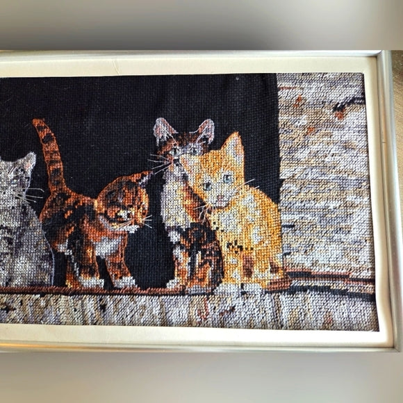 Gerahmtes Kreuzstichbild Sechs Bauernhofkätzchen Vintage #35133 40,6 cm x 21,6 cm