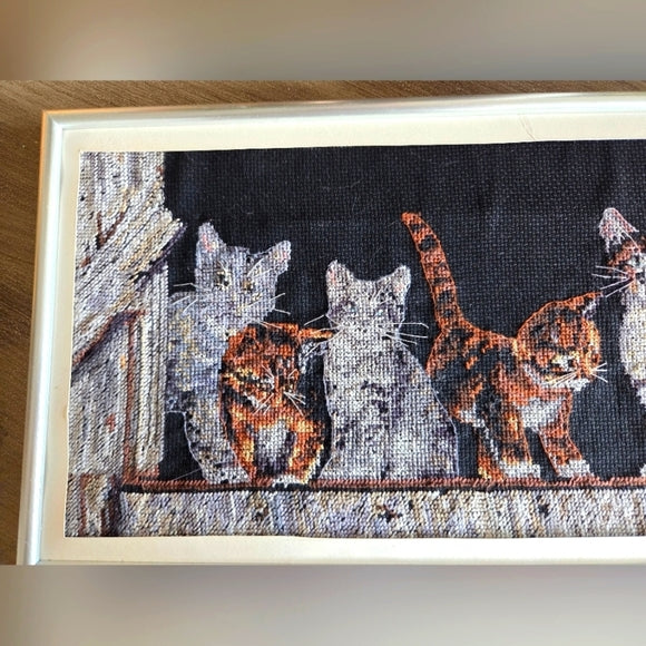 Gerahmtes Kreuzstichbild Sechs Bauernhofkätzchen Vintage #35133 40,6 cm x 21,6 cm