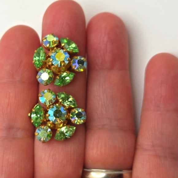 Vintage Austria 50's Aurora Borealis Rhinestone Clip On Earrings
