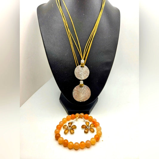 Boho brown and tan SilverTone Necklace Carnelian Bracelet floral Earrings set