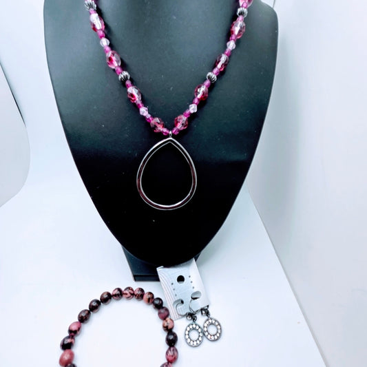 Pink Set beaded gun metal pendant necklace Rhodonite Bracelet Gun metal Earrings