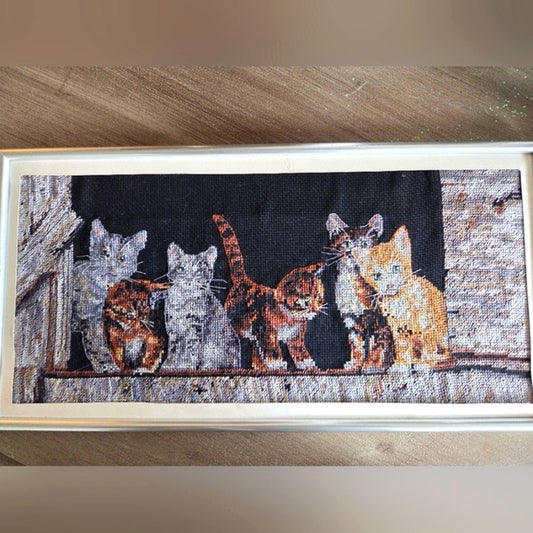Framed Cross-stitch Artwork Six Barnyard Kitties Vintage #35133 16” x 8.5”