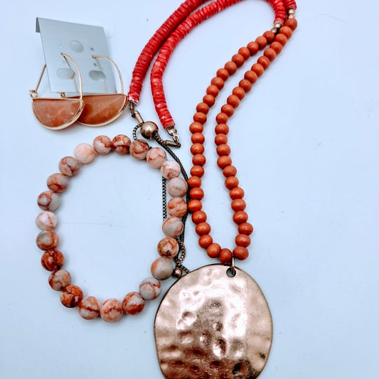 Coral Tone Gold Tone Statement Necklace Stone Earrings Agate Bracelet