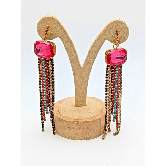 Pink Glass Dangle earrings Multicolor Teal And Light Pink Colors  Rhinestones