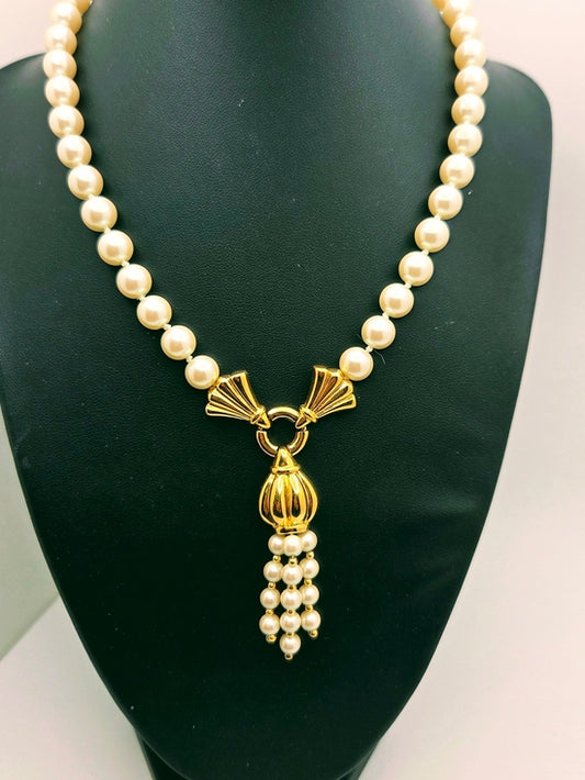 Vintage Cream Pearl Necklace with Gold Tassel Drop