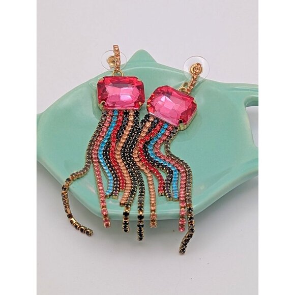 Pink Glass Dangle earrings Multicolor Teal And Light Pink Colors  Rhinestones