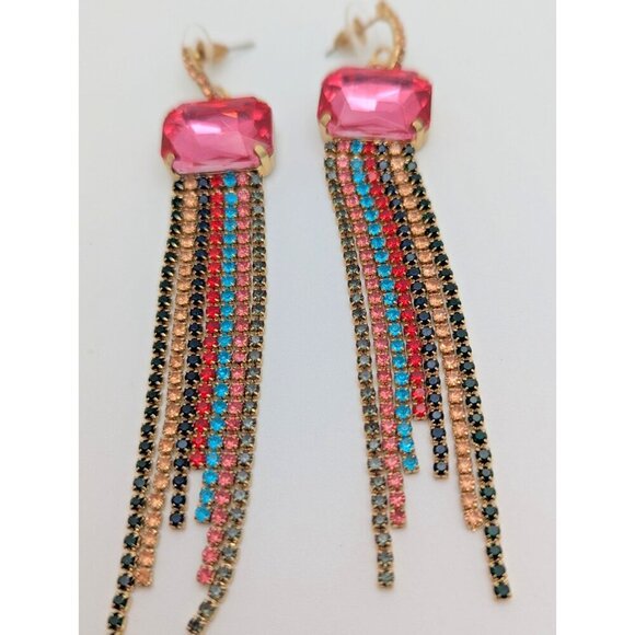 Pink Glass Dangle earrings Multicolor Teal And Light Pink Colors  Rhinestones