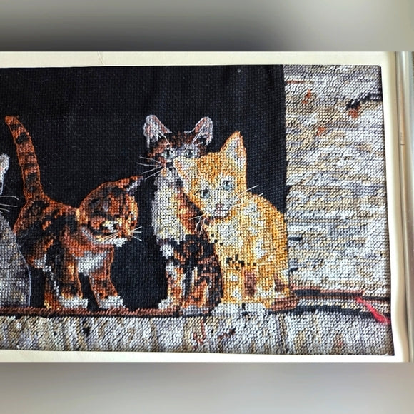 Gerahmtes Kreuzstichbild Sechs Bauernhofkätzchen Vintage #35133 40,6 cm x 21,6 cm