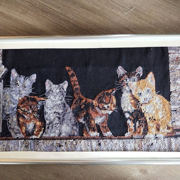 Gerahmtes Kreuzstichbild Sechs Bauernhofkätzchen Vintage #35133 40,6 cm x 21,6 cm