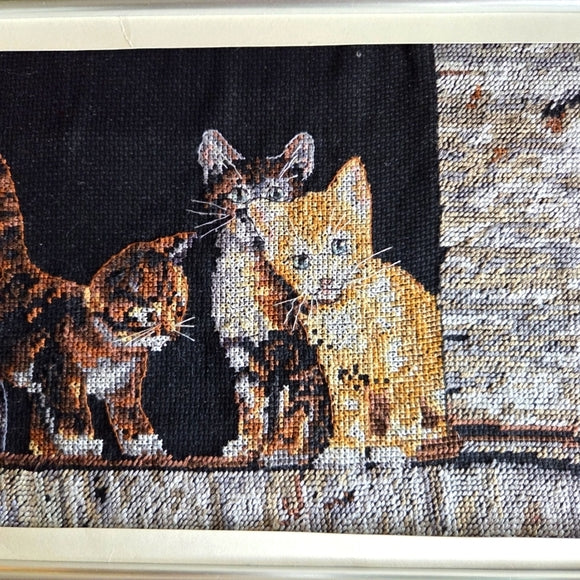 Gerahmtes Kreuzstichbild Sechs Bauernhofkätzchen Vintage #35133 40,6 cm x 21,6 cm