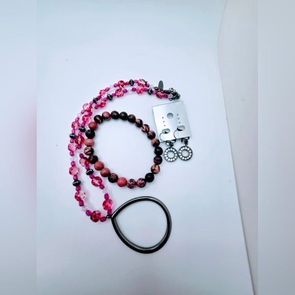 Pink Set beaded gun metal pendant necklace Rhodonite Bracelet Gun metal Earrings