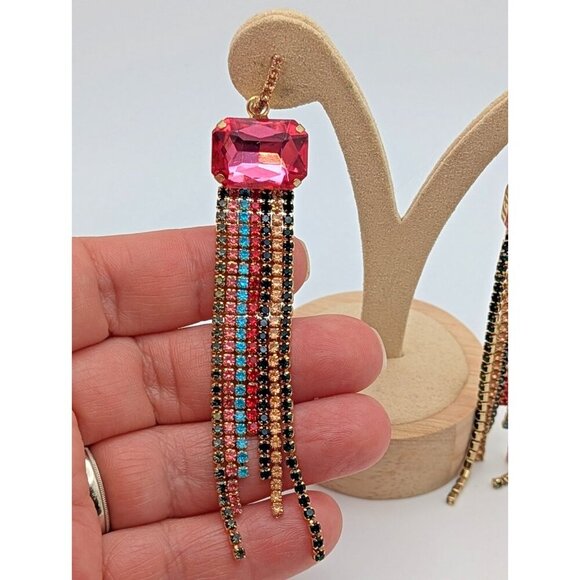 Pink Glass Dangle earrings Multicolor Teal And Light Pink Colors  Rhinestones