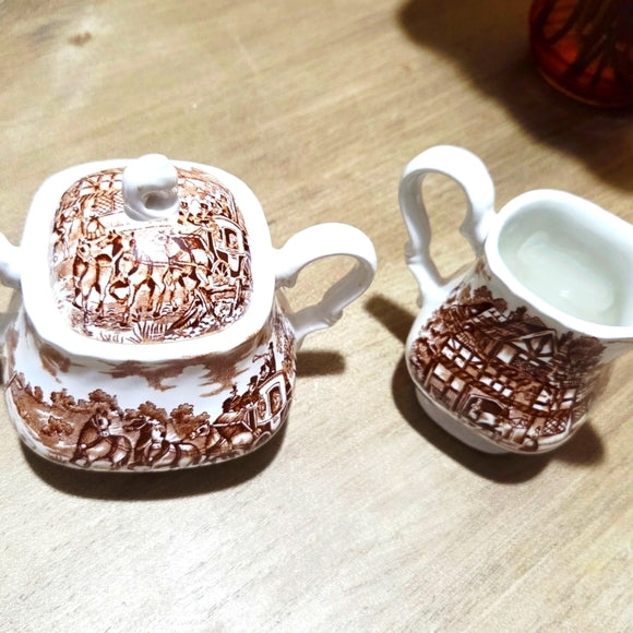 Vintage Alfred Meakin Staffordshire England Coaching Days Sahne- und Zucker-Set – 1960er Jahre