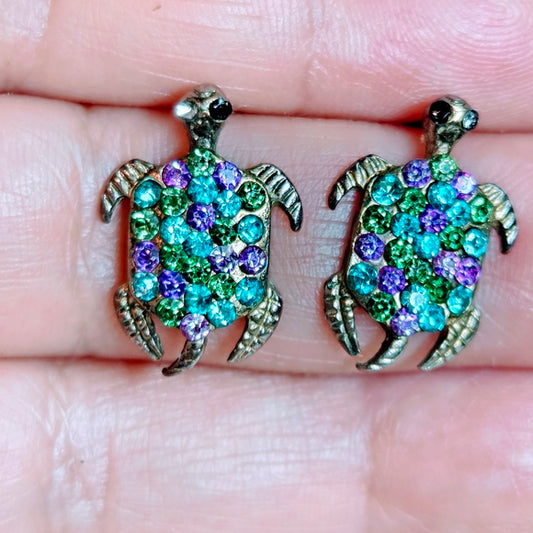 Green and Purple Iridescent Rhinestones Turtle Earrings