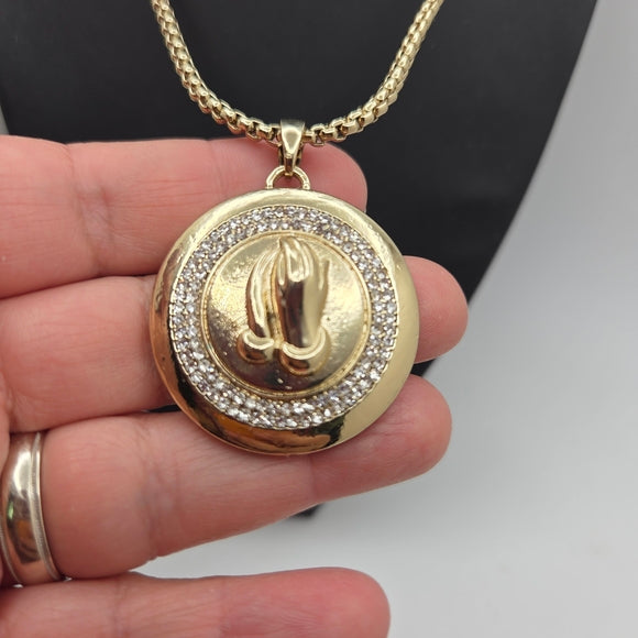 STATE Gold Silver Praying Hands MEDALLION Necklace