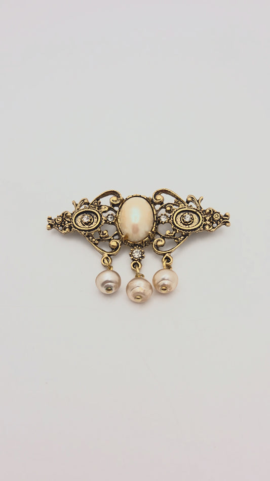 Vintage Antiqued Gold Faux Pearl Dangle Drop Brooch Pin Victorian Style
