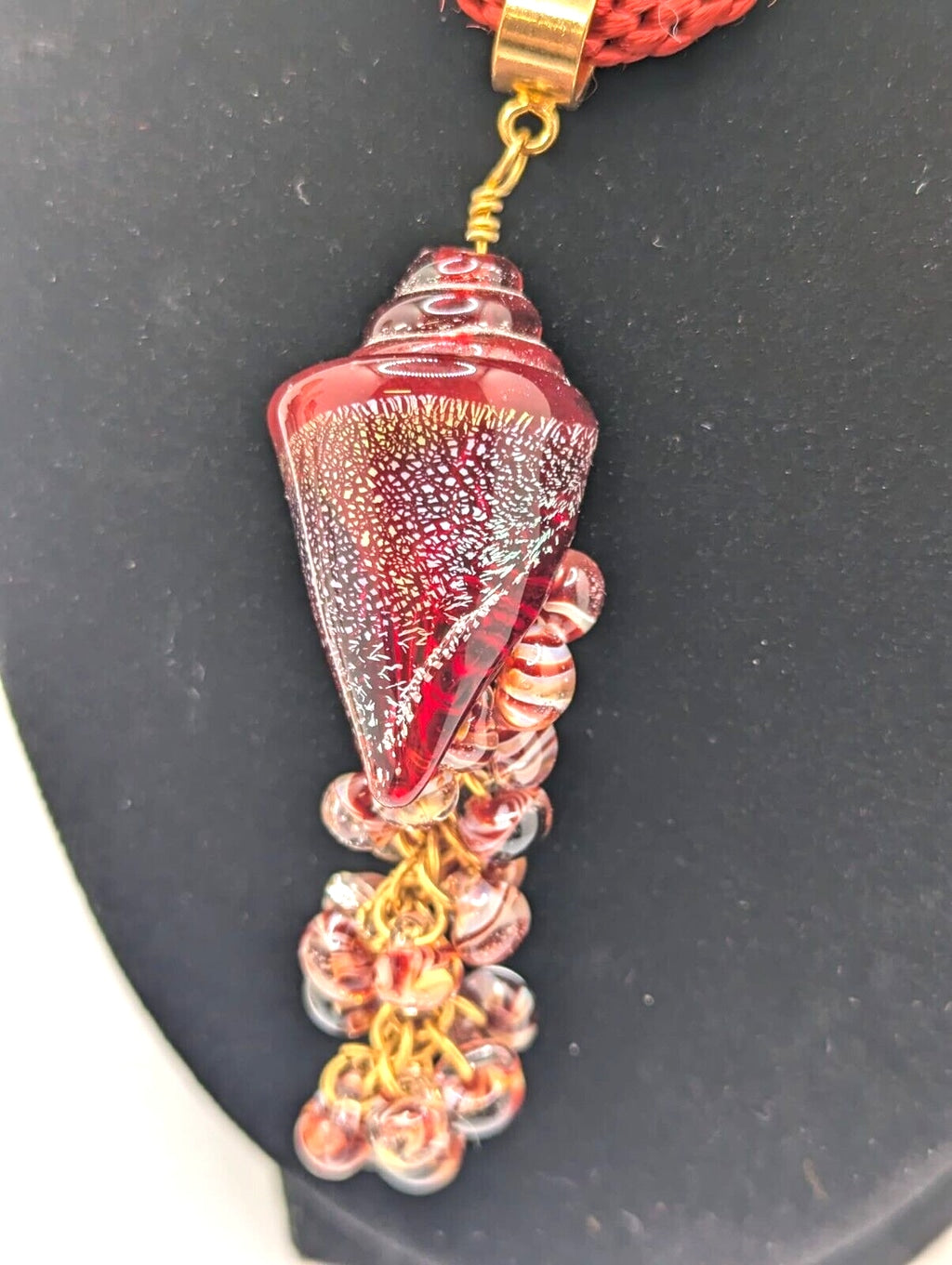 Art Glass Red Seashell Nautilus Necklace & Earrings Red Rope Cord