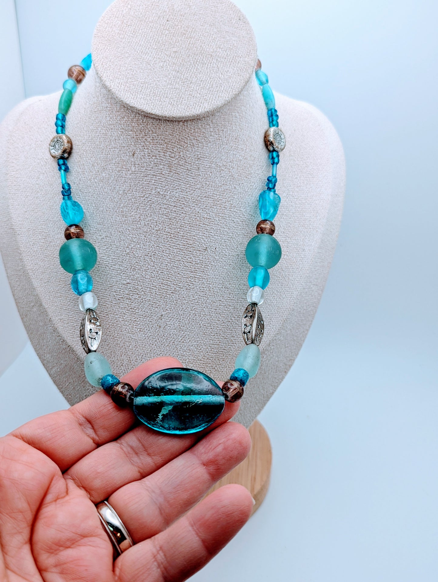 Esmor Glass Necklace Aquamarine Turquoise Tone Beaded 17-22" Vintage