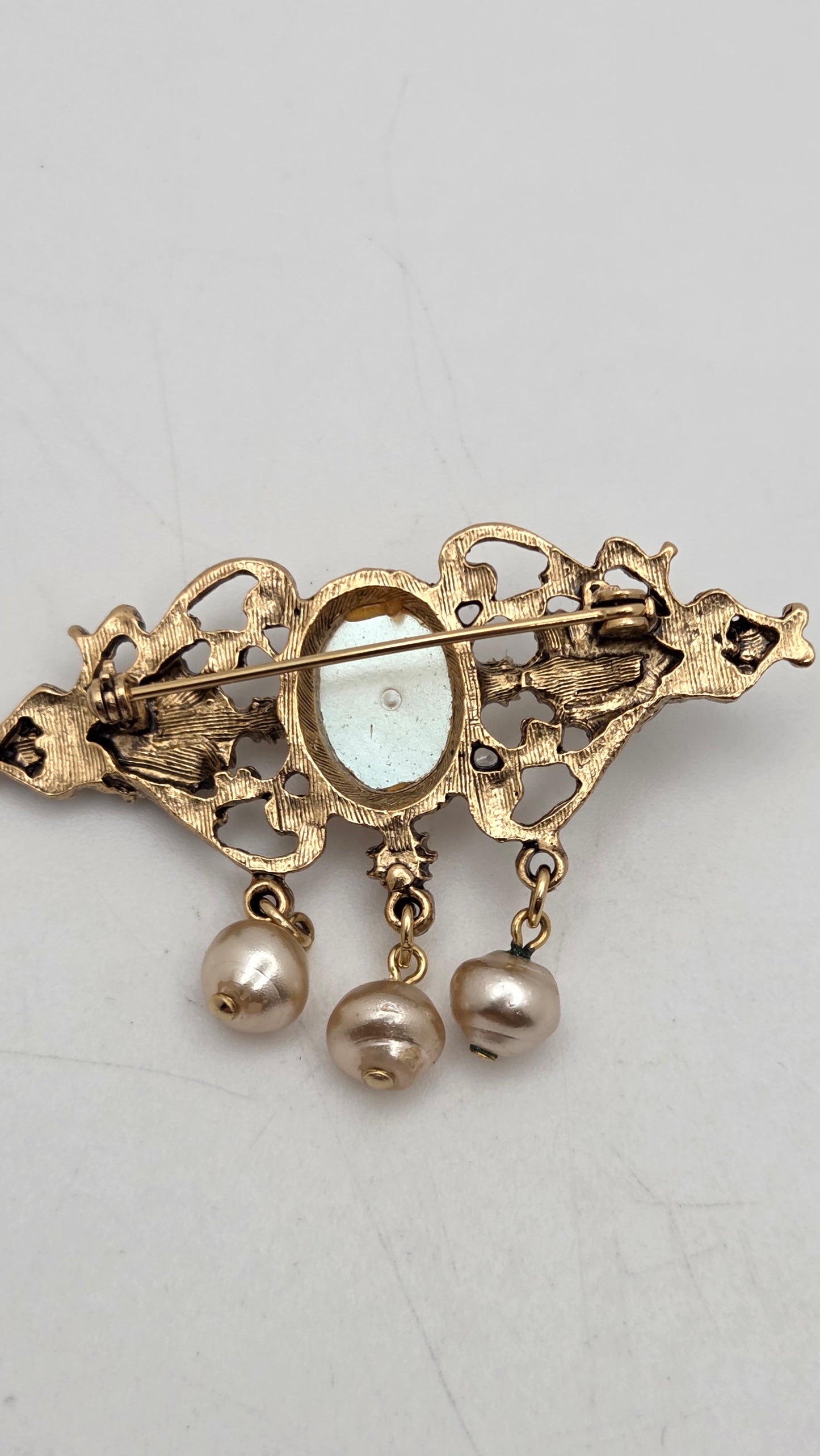 Vintage Antiqued Gold Faux Pearl Dangle Drop Brooch Pin Victorian Style