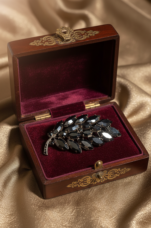 Mid-Century Brooch Unsigned Sherman Style Black Rhinestone Leaf Pin