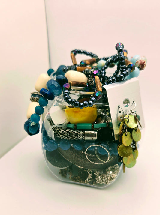 Earthy Tones Jewelry Collector’s Jar - Blue Stone, Wood, & Shell Mix